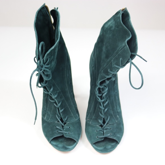 Jerome Dreyfuss Suede Peep-Toe Ankle Teal Lace Up Booties - Size 40 - Picture 3 of 6